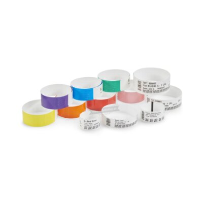 Braccialetti termica diretta polipropilene in cartuccia Zebra Z-Band Direct Black Mark per adulti chiusura rivestita con adesivo universale durevole con perforazione giallo 25x279mm nucleo 25mm